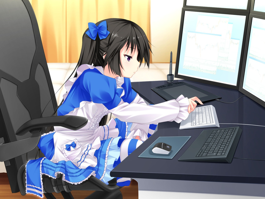 black_hair blue_bow bow chair computer female female frilled_skirt frilled_sleeves frills game_cg hairbow half-closed_eyes keyboard long_hair long_sleeves luna_lia mecha_con! purple_eyes sitting skirt solo twintails yatake_tsubaki