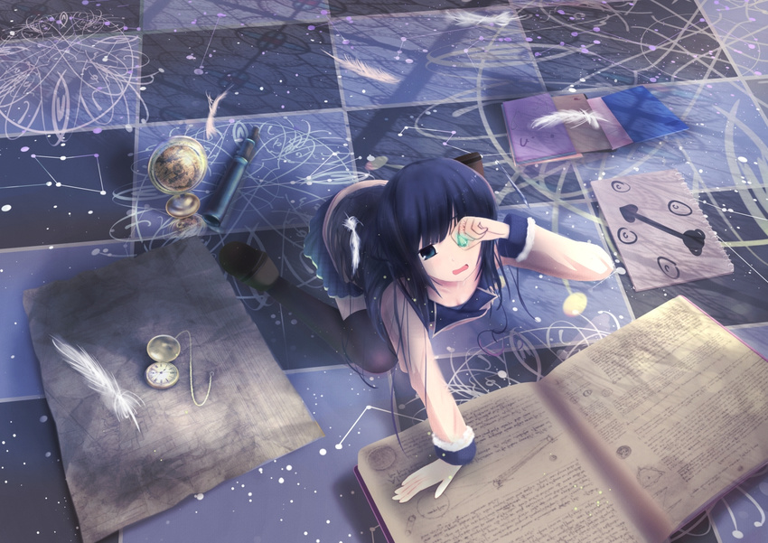 bad_id bad_pixiv_id black_thighhighs book compass feathers female globe long_hair original paper pocket_watch solo thighhighs tile_floor tiles watch yueyue