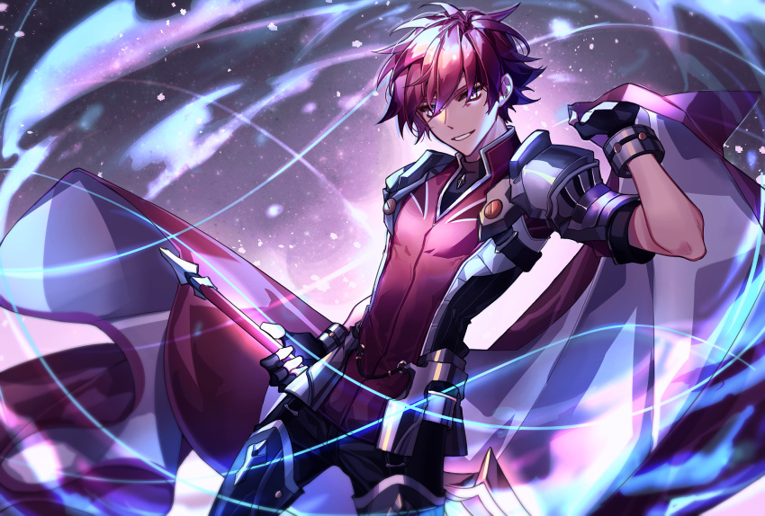 1boy armor aura bad_id bad_pixiv_id bracelet cloak elsword elsword_(character) fingerless_gloves gloves highres holding holding_weapon jewelry jtlo123412 knight_emperor_(elsword) male_focus red_hair shoulder_armor smile sword weapon