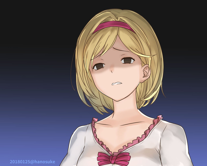 blonde_hair commentary_request disgust djeeta_(granblue_fantasy) female fighter_(granblue_fantasy) granblue_fantasy hairband hanosuke pink_hairband short_hair solo upper_body