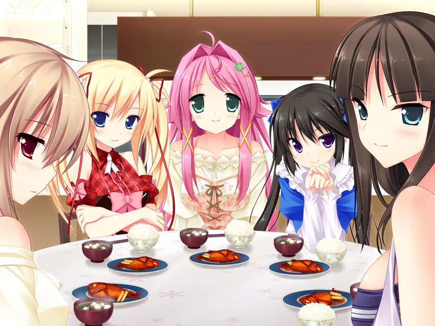 5girls black_hair blonde_hair brown_hair food game_cg luna_lia makita_maki mecha-con! narusawa_sora pink_hair sakurajima_moe sawatari_saki tagme twintails yatake_tsubaki