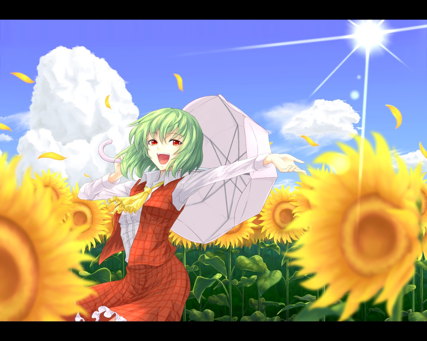 arm_at_side ascot blue_sky blurry blurry_foreground center_frills cloud collared_shirt commentary_request cowboy_shot cumulonimbus_cloud day depth_of_field female field flower flower_field frilled_ascot frilled_shirt frilled_skirt frills garden_of_the_sun gensokyo green_hair hair_between_eyes half-closed_eyes hands_up happy holding holding_umbrella kazami_yuuka lens_flare letterboxed light_rays long_skirt long_sleeves looking_at_viewer open_clothes open_mouth open_vest outdoors outstretched_arm outstretched_hand parasol petals plaid plaid_skirt plaid_vest plant red_eyes red_skirt red_vest shimada_(simada_bu) shirt short_hair sidelocks skirt skirt_set sky smile solo sun sunbeam sunflower sunflower_field sunlight teeth touhou umbrella upper_teeth_only vest white_shirt wind wing_collar yellow_ascot yellow_flower