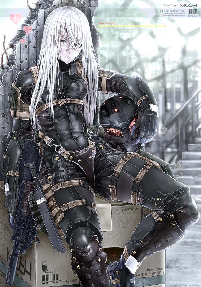 asuke_yuki barcode bodysuit box bullpup cardboard_box combat_knife commentary_request female frogs_(metal_gear) gun heart helmet highres knife long_hair metal_gear_(series) metal_gear_online metal_gear_solid_4:_guns_of_the_patriots p90 photoshop_(medium) shin_guards sitting solo submachine_gun suppressor weapon white_hair