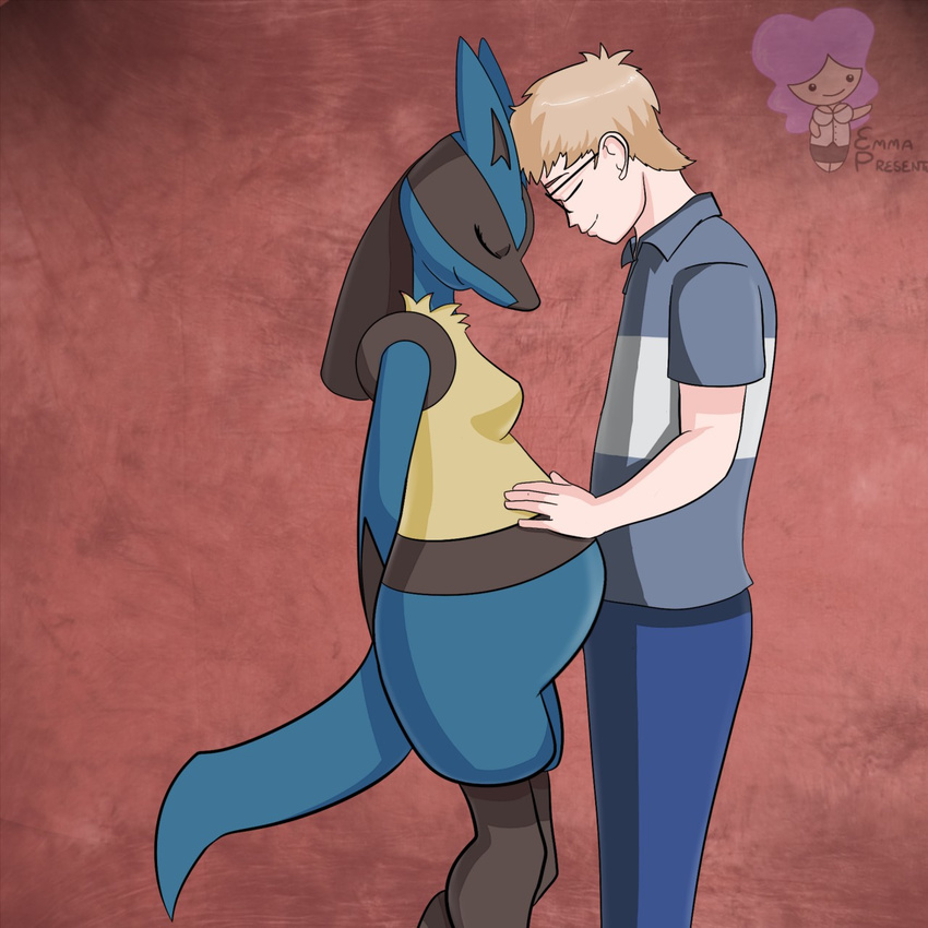 1:1 anthro blue_body blue_fur breasts duo emmapresents female foreheads_touching fur generation_4_pokemon hands_behind_back hands_on_belly hi_res human luca-chan lucario male mammal medium_breasts nintendo pokemon pokemon_(species) pregnant pregnant_anthro pregnant_female yellow_body yellow_fur