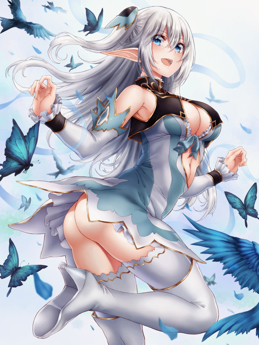 :d altina_(shining_blade) armpits ass bare_shoulders blue_butterfly blue_eyes blush boots breasts bug butterfly cleavage cleavage_cutout clothing_cutout commentary cowboy_shot cutout_above_navel detached_sleeves dress elf female grey_hair hair_between_eyes high_heel_boots high_heels highres hikari_(komitiookami) leg_up long_hair long_pointy_ears medium_breasts no_panties open_mouth pointy_ears shining_(series) shining_blade short_dress smile solo thigh_boots thighhighs thighhighs_under_boots two_side_up white_footwear white_thighhighs