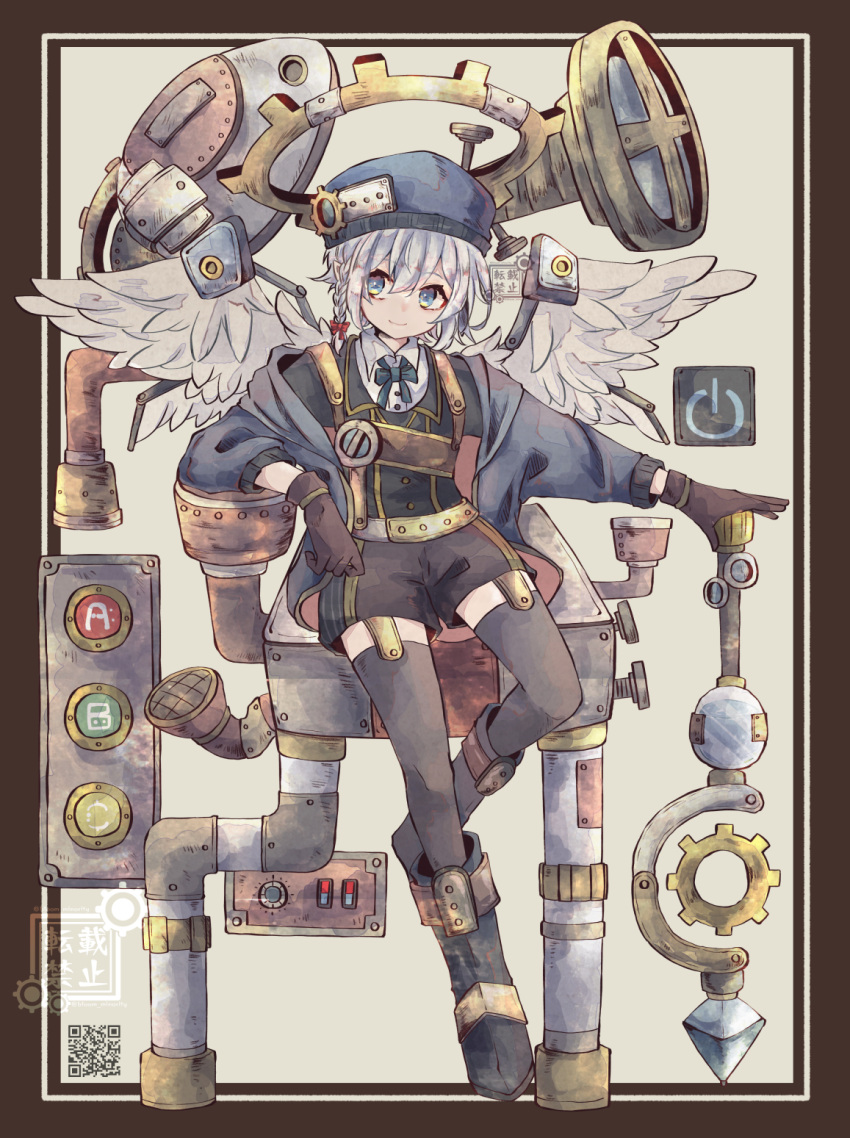 1boy angel angel_wings bad_id bad_pixiv_id bloomminority blue_eyes braid commentary_request cyberpunk fantasy full_body highres machine male_focus original pale_skin piercing pointy_ears solo steampunk thighhighs thighs white_hair wings