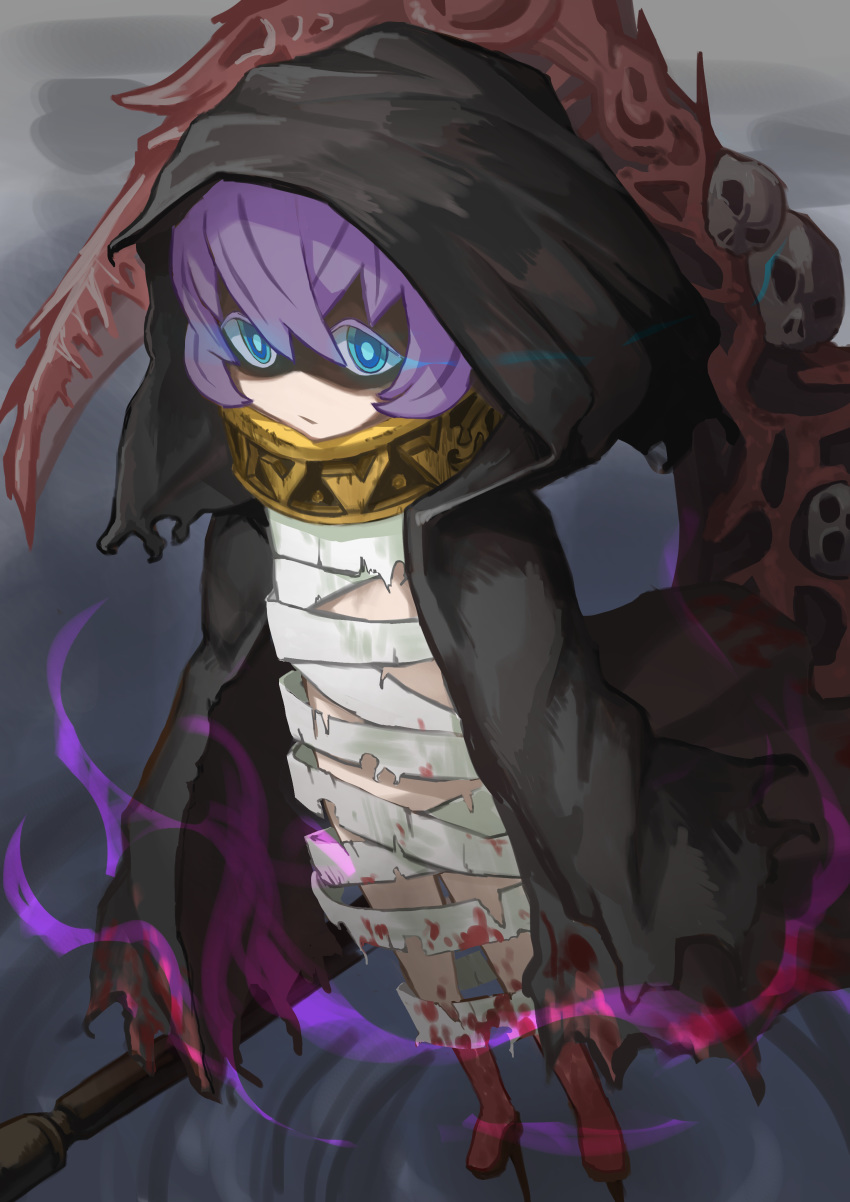 absurdres bandages black_cloak blood blood_on_bandages blue_eyes cloak closed_mouth female gaana glowing glowing_eyes grey_background grim_reaper_(mistover) highres hood looking_at_viewer mistover purple_hair red_footwear scythe shaded_face short_hair simple_background solo