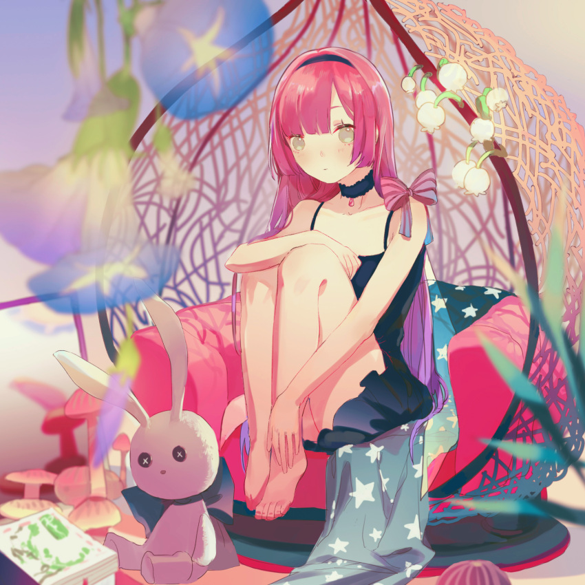 barefoot black_choker black_dress blue_flower blurry blurry_foreground book breasts bud chair choker dress feet female flower grey_hair hands_on_feet highres knees_up legs lily_of_the_valley morning_glory mushroom original pink_hair purple_flower senryoko sitting small_breasts solo star_(symbol) star_print stuffed_animal stuffed_rabbit stuffed_toy toes white_flower