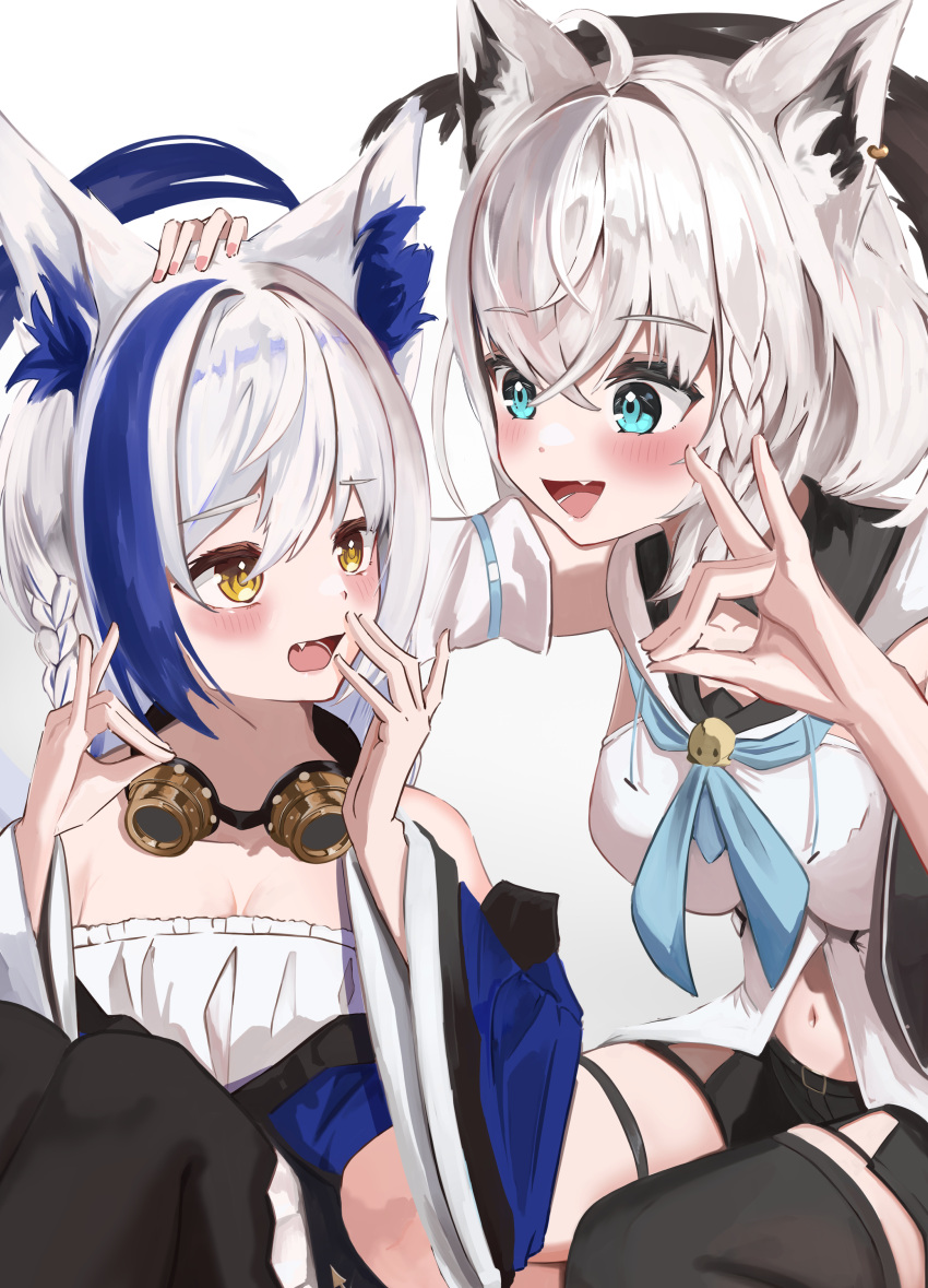 2girls absurdres ahoge animal_ear_fluff animal_ears aomiya_yozuri black_shorts black_thighhighs blue_hair blue_neckerchief blush braid cat_ears cat_girl cat_tail commentary_request creator_connection detached_sleeves earrings fox_ears fox_girl fox_shadow_puppet fox_tail goggles goggles_around_neck green_eyes hair_between_eyes hand_on_another's_head highres hololive hood hoodie jewelry long_hair looking_at_another midriff multicolored_hair multiple_girls navel neckerchief oerba_yun_fang open_mouth shirakami_fubuki shirakami_fubuki_(1st_costume) short_shorts shorts sidelocks simple_background single_braid single_thighhigh siyara_amau streaked_hair swept_bangs tail thigh_strap thighhighs vee_(vtuber) virtual_youtuber white_background white_hair white_hoodie yellow_eyes