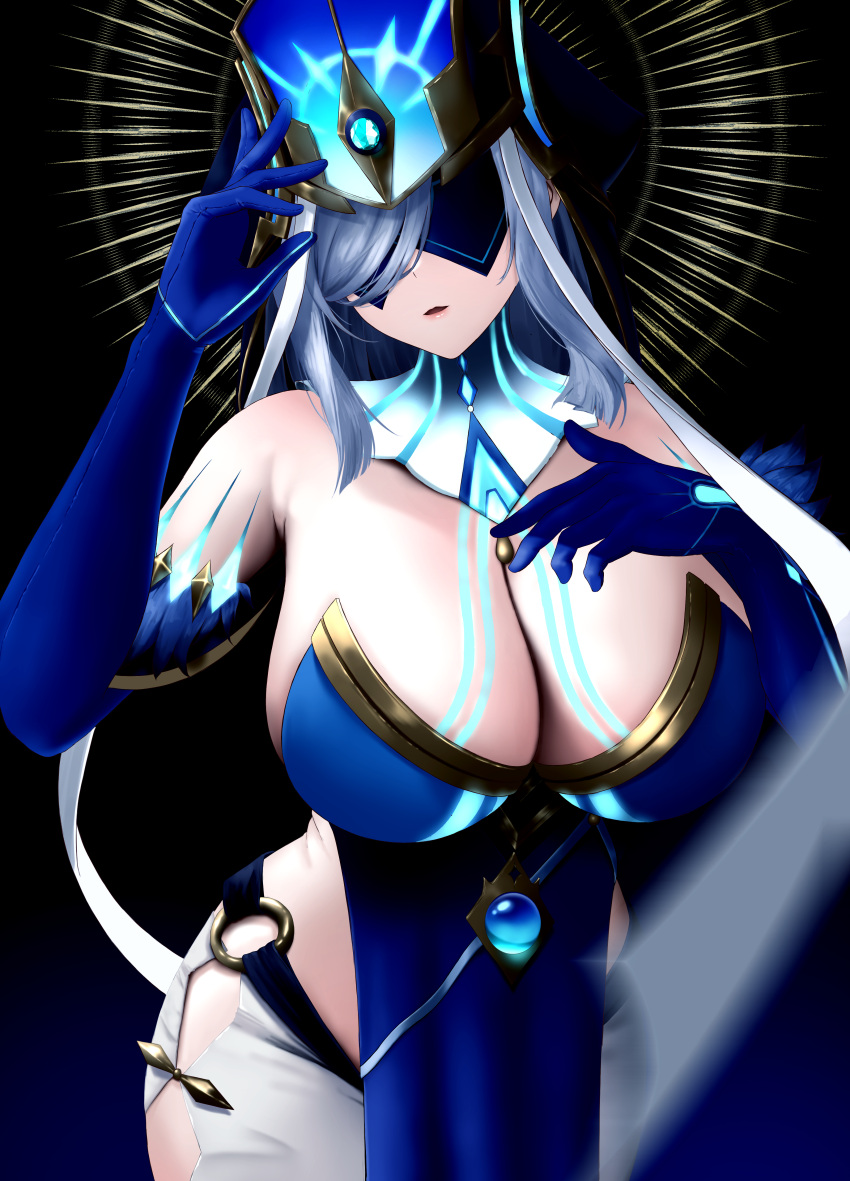 absurdres black_background blue_dress blue_gemstone blue_gloves blue_hat body_markings breasts cleavage commentary cosplay covered_eyes cowboy_shot curvy detached_collar dress elbow_gloves eye_mask feather-trimmed_gloves female gem genshin_impact gloves glowing_headgear gold_trim grey_hair hair_over_one_eye halo hand_on_own_chest hat highres huge_breasts long_hair looking_at_viewer mirror_maiden_(genshin_impact) mirror_maiden_(genshin_impact)_(cosplay) o-ring parted_lips pelvic_curtain shenhe_(genshin_impact) sidelocks simple_background skirt solo standing swept_bangs white_skirt yumeto_(ym-1)