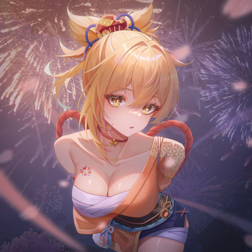 absurdres aerial_fireworks arm_tattoo bandaged_leg bandages blonde_hair breasts butterfly_choker chest_sarashi chest_tattoo choker cleavage female fireworks flower_tattoo genshin_impact hadanugi_dousa hair_between_eyes hair_ornament highres japanese_clothes juuhachi_kin_(anthonyy1821) kimono long_hair looking_at_viewer open_mouth orange_kimono ponytail red_choker rope sarashi shimenawa solo tattoo yellow_eyes yoimiya_(genshin_impact)