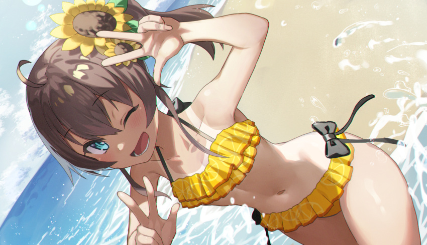 ;d ahoge aqua_eyes bare_shoulders beach bikini breasts brown_hair collarbone commentary_request double_w dutch_angle female flower frilled_bikini frills hair_flower hair_ornament hololive looking_at_viewer natsuiro_matsuri natsuiro_matsuri_(hololive_summer_2019) navel one_eye_closed open_mouth outdoors sand side_ponytail small_breasts smile solo spaghetti_strap stomach swimsuit tan tanlines tokumaro virtual_youtuber w water