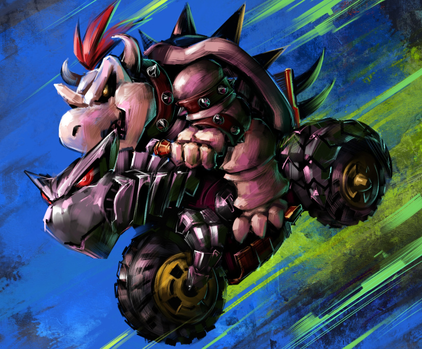 1boy armlet bowser bracelet claws commentary disutihada driving dry_bowser from_side glowing glowing_eye highres horns jewelry male_focus mario_(series) mario_kart motor_vehicle motorcycle multicolored_background on_motorcycle open_mouth red_hair riding sharp_teeth short_hair solo speed_lines spiked_armlet spiked_bracelet spiked_shell spikes teeth turtle_shell yellow_eyes