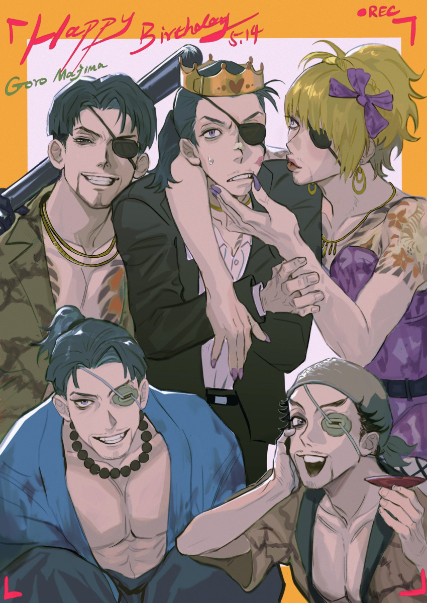 1boy abs birthday black_gloves blonde_hair crossdressing crown dmmm dress eyepatch facial_hair fangs glass gloves goromi hachimaki hannya happy_birthday headband highres idol japanese_clothes kimono lipstick lipstick_mark looking_at_viewer majima_goro makeup male_focus metal_baseball_bat multiple_persona okita_souji_(ishin) one-eyed open_clothes open_kimono pink_dress ponytail recording ryuu_ga_gotoku_(series) ryuu_ga_gotoku_0 ryuu_ga_gotoku_1 ryuu_ga_gotoku_ishin! ryuu_ga_gotoku_kenzan ryuu_ga_gotoku_kiwami samurai shishido_baiken_(ryuu_ga_gotoku_kenzan) snake_print tsuba_(guard) wig yellow_background