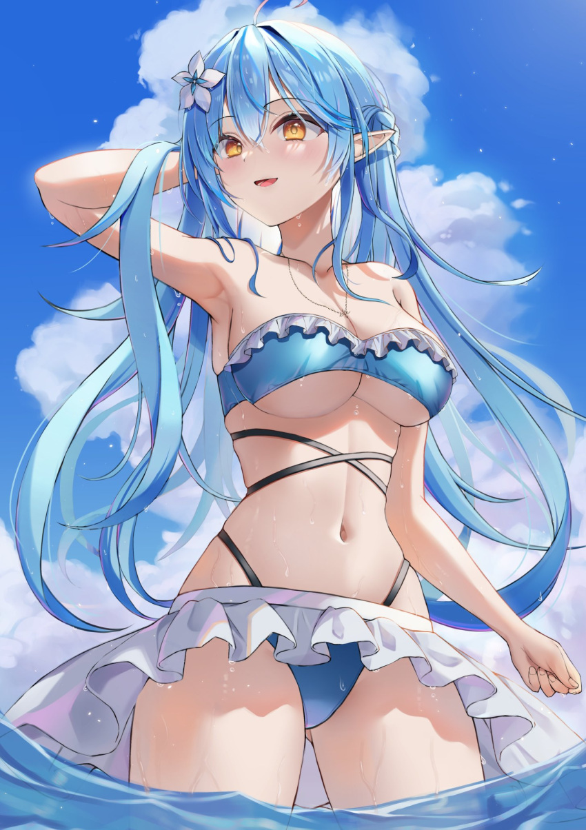 ahoge atora bikini blue_hair blush braid breasts cleavage colored_tips cowboy_shot day elf female flower frilled_bikini frills hair_between_eyes hair_flower hair_ornament half_updo heart heart_ahoge highres hololive large_breasts linea_alba long_hair midriff multicolored_hair navel outdoors pointy_ears side_braid smile solo streaked_hair swimsuit virtual_youtuber wading wet yellow_eyes yukihana_lamy