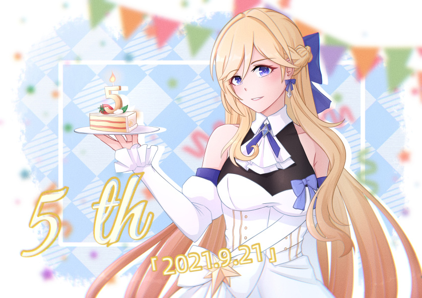 2021 :d absurdres bare_shoulders bianka_durandal_ataegina blonde_hair blue_eyes blurry blurry_background cake cake_slice dress earrings female food grin hair_ribbon highres holding holding_plate honkai_(series) honkai_impact_3rd jewelry jzyy299 long_sleeves looking_at_viewer open_mouth plate ribbon smile solo teeth white_dress white_sleeves