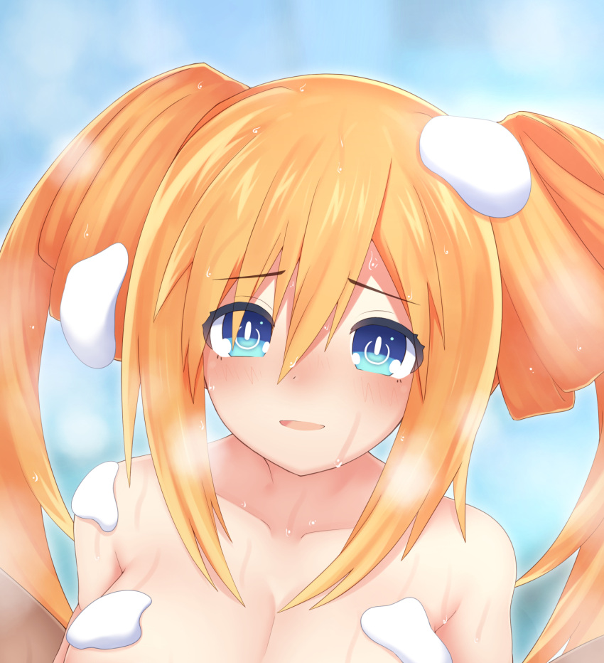 blue_eyes blush breasts female hair_rings highres katade looking_at_viewer neptune_(series) nude orange_hair orange_heart_(neptunia) paid_reward_available power_symbol power_symbol-shaped_pupils shin_jigen_game_neptune_vii smile solo symbol-shaped_pupils twintails upper_body wet