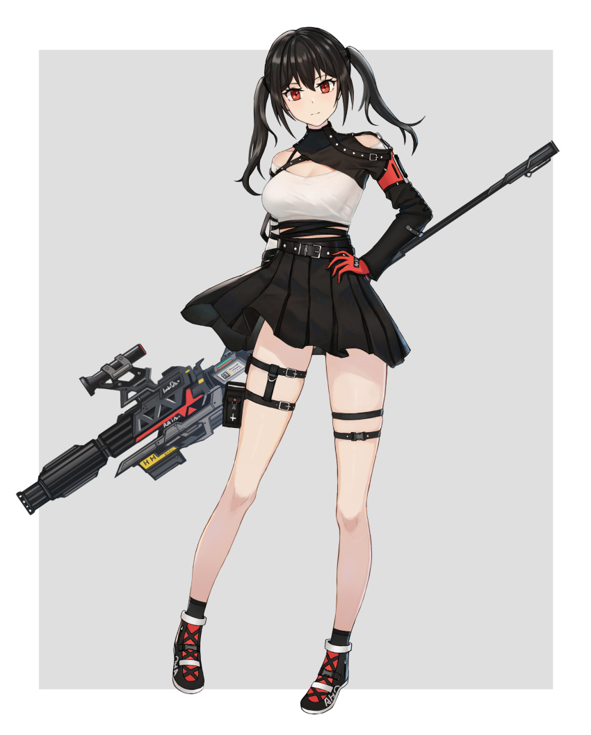 absurdres aer7o black_footwear black_hair black_skirt black_socks breasts cleavage closed_mouth collarbone commentary_request covered_collarbone female full_body gloves grey_background gun hair_between_eyes hand_on_own_hip highres holding holding_weapon long_hair long_sleeves looking_at_viewer medium_breasts original pleated_skirt red_eyes red_gloves rifle shirt shoes skindentation skirt sniper_rifle socks solo standing thigh_strap twintails two-tone_background weapon white_background white_shirt