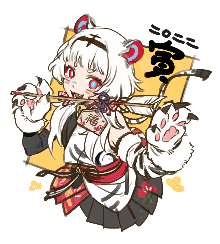 animal_ears animal_hands arrow_(projectile) black_skirt chinese_zodiac claw_pose cropped_torso detached_sleeves ema facepaint facial_mark fangs female hamaya highres long_hair looking_at_viewer obi open_mouth original pleated_skirt sash short_eyebrows skirt solo tekki_(tki) tiger_ears tiger_paws upper_body whisker_markings white_hair year_of_the_tiger