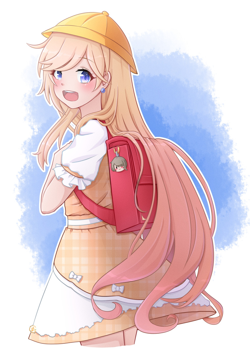 :d absurdres aged_down backpack bag bianka_durandal_ataegina blonde_hair blue_eyes blush commentary_request dress earrings female highres honkai_(series) honkai_impact_3rd jewelry jzyy299 long_hair looking_at_viewer looking_to_the_side open_mouth orange_dress randoseru rita_rossweisse short_sleeves smile solo white_background yellow_headwear