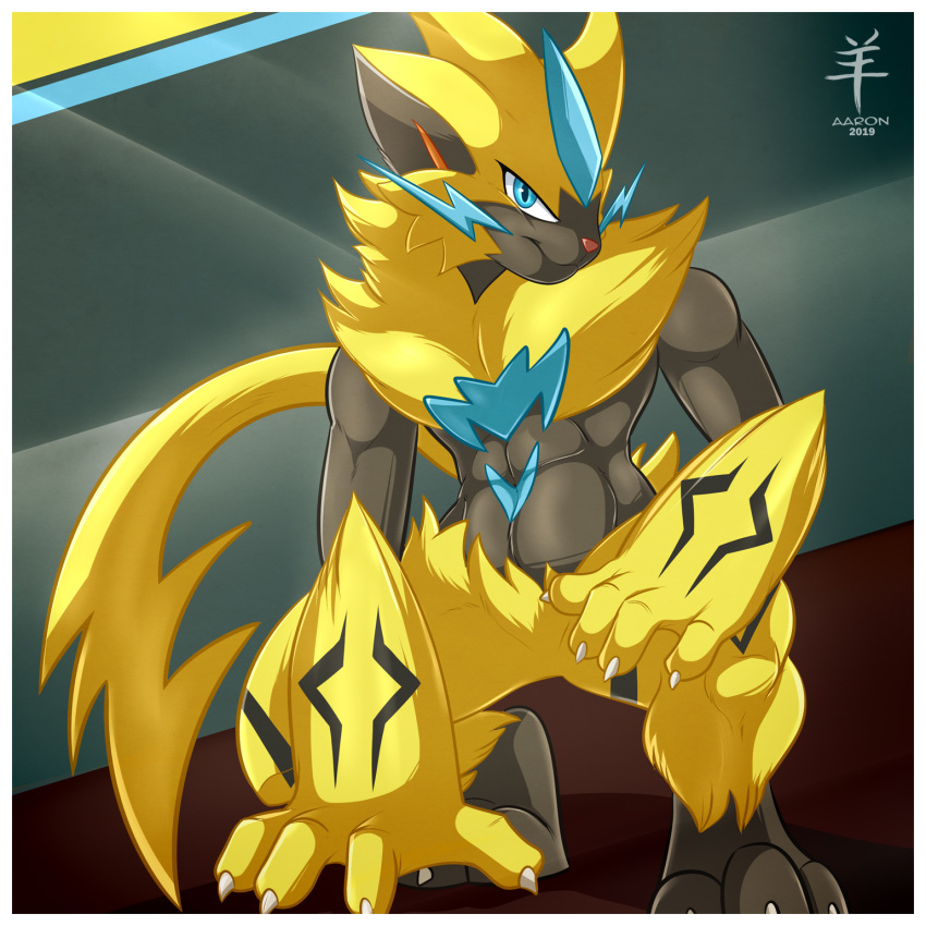 1:1 2019 aaron_(artist) ambiguous_gender anthro blue_eyes border claws digital_media_(artwork) felid fur generation_7_pokemon hi_res legendary_pokemon looking_at_viewer mammal nintendo pokemon pokemon_(species) simple_background solo white_border yellow_body yellow_fur zeraora