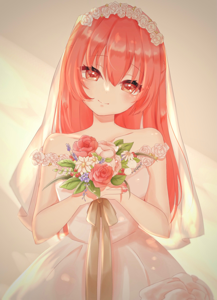 absurdres beige_background blush bouquet breasts bridal_veil closed_mouth collarbone commentary cowboy_shot dress female flower hair_between_eyes head_tilt highres holding holding_bouquet looking_at_viewer morumo888 off-shoulder_dress off_shoulder own_hands_together pink_hair red_eyes ribbon shadow shiny_clothes shiny_skin sidelocks sleeveless sleeveless_dress smile solo tonikaku_kawaii veil wedding_dress white_dress yuzaki_tsukasa