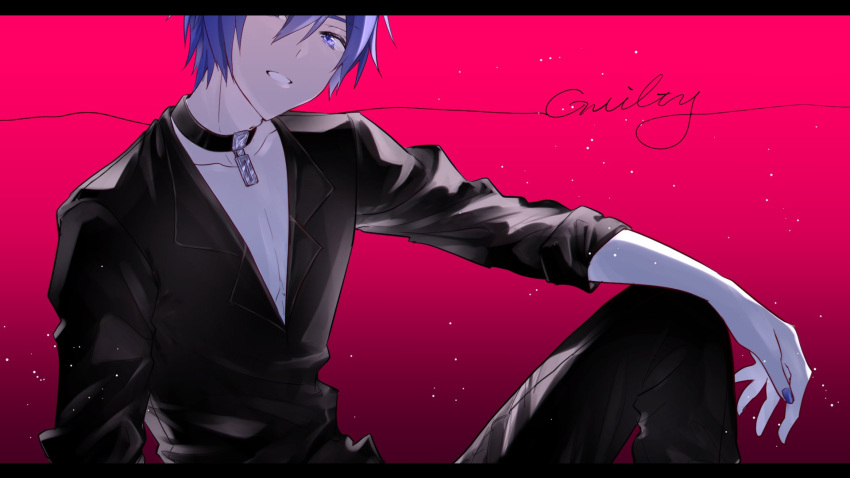 1boy black_pants black_shirt blue_eyes blue_hair blue_nails choker guilty_(module) hair_between_eyes highres kaito_(vocaloid) knee_up letterboxed long_sleeves male_focus pants parang_99 project_diva_(series) shirt short_hair solo teeth v-neck vocaloid