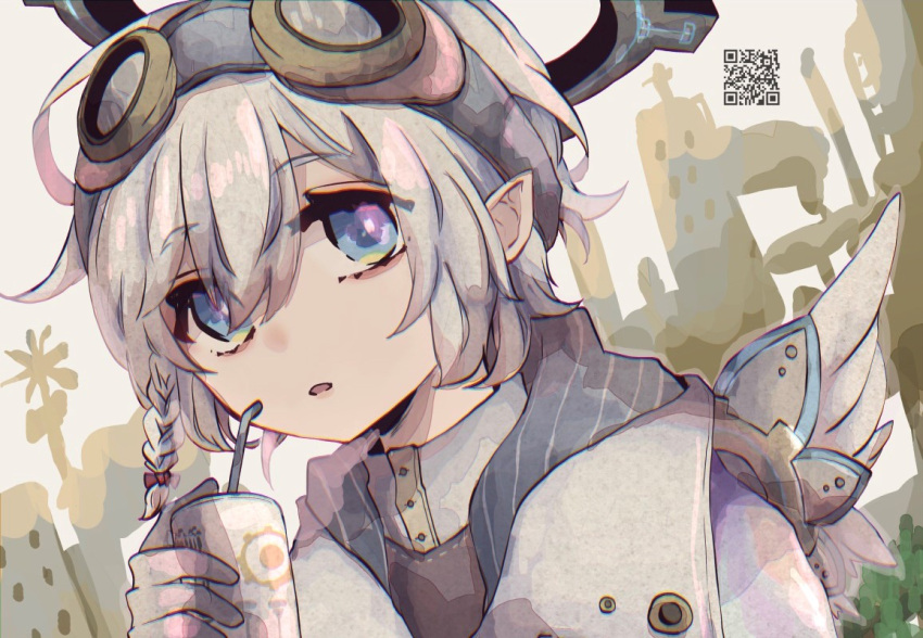 1boy bad_id bad_pixiv_id bloomminority blue_eyes braid cyberpunk drinking_straw fantasy gloves goggles goggles_on_head long_sleeves looking_at_viewer male_focus md5_mismatch original pale_skin pointy_ears rotated solo steampunk white_hair