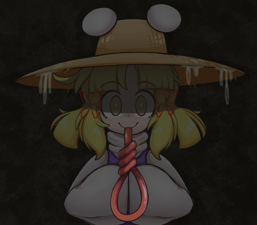 blonde_hair female freckles hair_ornament hair_ribbon hat jpeg_artifacts keb00b long_sleeves long_tongue medium_hair moriya_suwako noose parted_bangs purple_vest red_ribbon ribbon shirt skirt sleeves_past_wrists slime_(substance) solo tongue tongue_out touhou turtleneck vest white_shirt wide_sleeves yellow_eyes