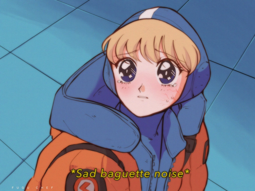 1980s_(style) animification apex_legends artist_name bishoujo_senshi_sailor_moon bishoujo_senshi_sailor_moon_s blonde_hair blue_bodysuit blue_headwear bodysuit commentary derivative_work english_commentary english_text female from_above fugu_chef highres hood hooded_bodysuit hooded_jacket jacket lichtenberg_figure looking_up meme orange_jacket retro_artstyle sailor_moon_redraw_challenge_(meme) scar scar_on_cheek scar_on_face screenshot_redraw solo sparkling_eyes subtitled tearing_up upper_body wattson_(apex_legends)