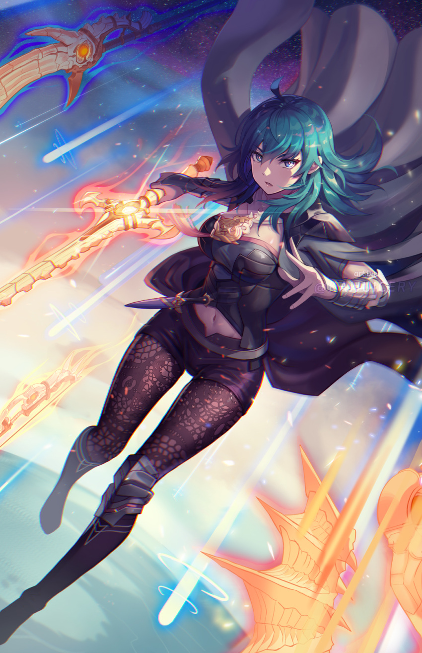 areadbhar_(fire_emblem) armlet armor aymr_(fire_emblem) black_pantyhose black_shorts blue_eyes blue_hair bodice boots bow_(weapon) breasts brown_pantyhose bustier byleth_(female)_(fire_emblem) byleth_(fire_emblem) cape capelet cleavage_cutout cloak clothing_cutout coat dagger failnaught_(fire_emblem) female fire fire_emblem fire_emblem:_three_houses floral_print hair_between_eyes high_heel_boots high_heels highres kaijuicery knee_boots knee_pads knife lace-trimmed_legwear lace_trim long_hair midriff multiple_weapons navel navel_cutout open_clothes open_coat pantyhose pantyhose_under_shorts patterned_clothing patterned_legwear polearm print_pantyhose short_shorts short_sleeves shorts single_knee_pad solo sword sword_of_the_creator tassel teacher turtleneck vambraces waist_cape weapon