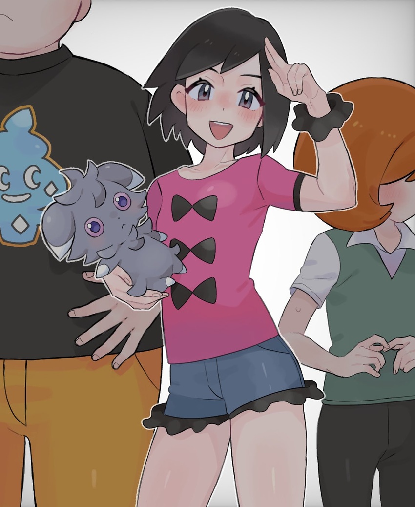 3boys :d black_pants blush calem_(pokemon) collared_shirt commentary_request cosplay crossdressing espurr eyelashes green_vest grey_eyes hand_up highres holding holding_pokemon looking_at_viewer male_focus multiple_boys open_mouth pants pink_shirt pokemon pokemon_(creature) pokemon_xy salute sana_(37pisana) scrunchie shauna_(pokemon) shauna_(pokemon)_(cosplay) shirt short_shorts short_sleeves shorts smile teeth tierno_(pokemon) trevor_(pokemon) two-finger_salute upper_teeth_only vest white_background white_shirt wrist_scrunchie