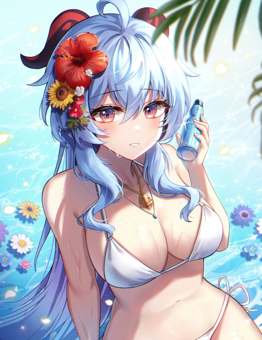 \||/ absurdres ahoge bare_shoulders bell bikini blue_flower blue_hair blush bottle breasts cleavage daisy drink falling_petals female flower flower_on_liquid forget-me-not_(flower) ganyu_(genshin_impact) genshin_impact glint glowing glowing_petals goat_horns hair_flower hair_ornament hayun hibiscus highres holding holding_bottle holding_drink hollyhock horns large_breasts long_hair looking_at_viewer neck_bell palm_leaf petals pink_flower purple_eyes purple_flower ramune red_flower sidelocks smile solo sparkle sunflower swimsuit wet white_bikini white_flower yellow_flower