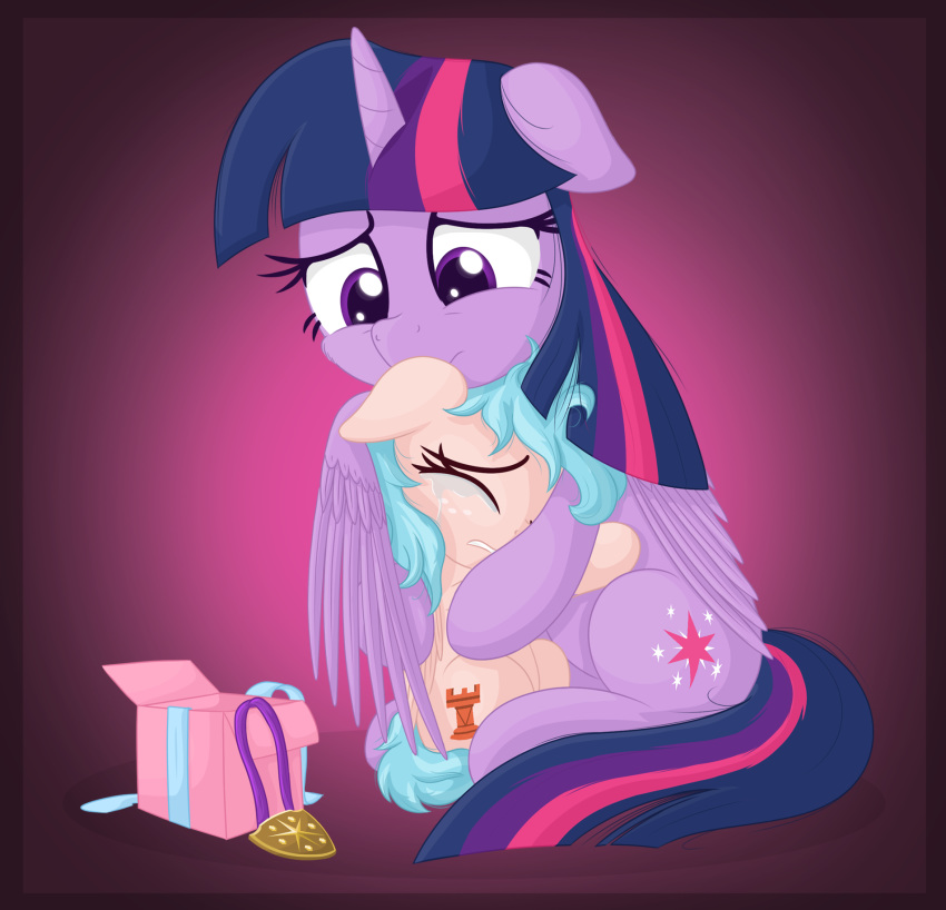 2019 alicorn bodily_fluids closed_eyes cozy_glow_(mlp) crying cutie_mark duo equid equine eyelashes feathered_wings feathers female feral friendship_is_magic gift hasbro hi_res horn mammal my_little_pony mythological_creature mythological_equine mythology pegasus purple_body purple_eyes purple_feathers tears twilight_sparkle_(mlp) vito wings young