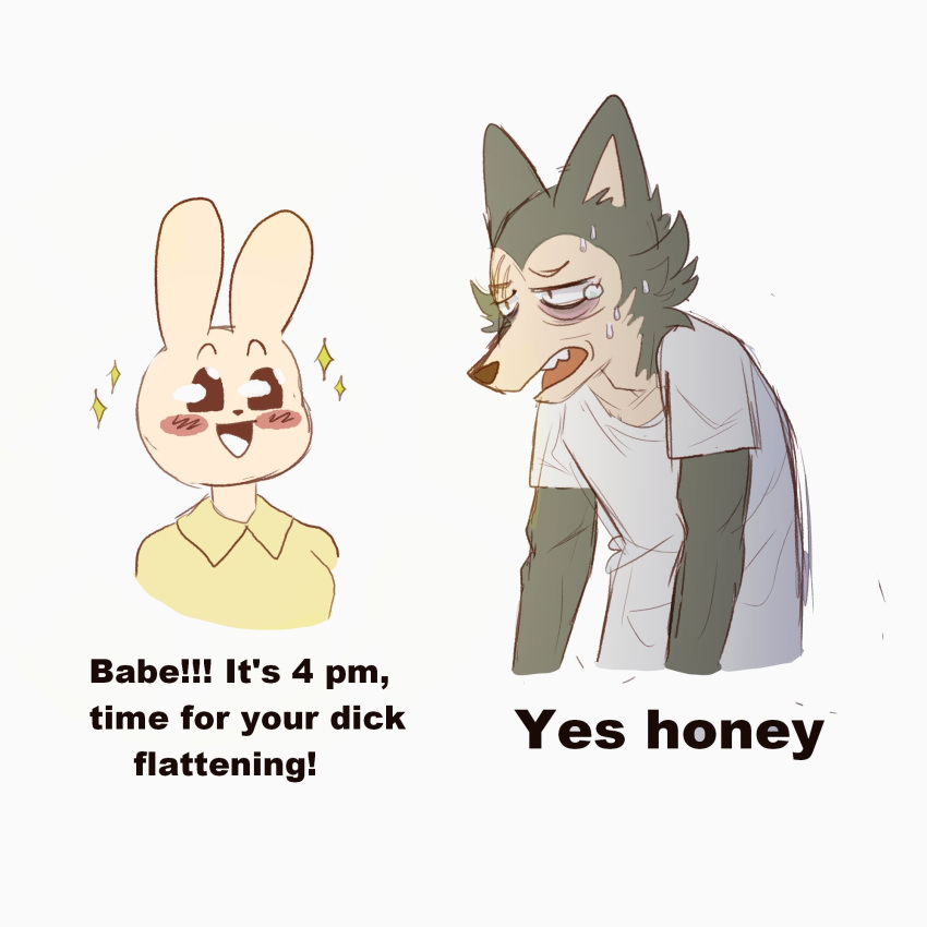 1:1 2020 anthro beastars blush bodily_fluids canid canine canis clothed clothing dick_flattening domestic_rabbit duo dwarf_rabbit english_text eye_bags female happy haru_(beastars) hi_res humor lagomorph legoshi_(beastars) leporid male mammal meme oryctolagus rabbit sad simple_background sweat text thesketchfox white_background wolf