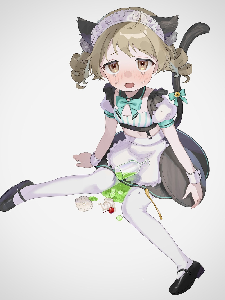 alternate_costume animal_ears apron aqua_bow aqua_ribbon bell black_footwear black_skirt blush bow breasts brown_eyes cat_ears cat_tail cherry commentary_request crying crying_with_eyes_open detached_collar enmaided fallen_down female food frilled_apron frills fruit glass grey_background highres holding holding_tray ice_cream ice_cream_float idolmaster idolmaster_cinderella_girls kemonomimi_mode light_brown_hair looking_at_viewer maid maid_headdress mary_janes melon_soda midriff monemasu morikubo_nono neck_ribbon open_mouth pantyhose puffy_short_sleeves puffy_sleeves ribbon ringlets shoes short_sleeves simple_background skirt small_breasts solo spill tail tail_bell tail_bow tail_ornament tareme tears tray waist_apron white_pantyhose wrist_cuffs