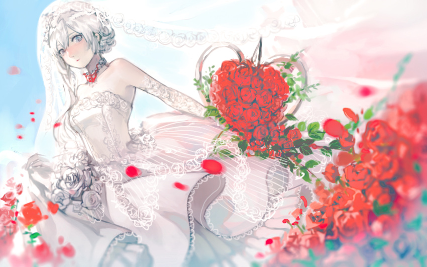 bare_shoulders blue_sky bouquet breasts choker day dress elbow_gloves female flower gloves grey_eyes grey_hair hair_between_eyes heart heart_choker highres outdoors petals rose senryoko sinoalice sky small_breasts snow_white_(sinoalice) solo veil wedding_dress white_dress