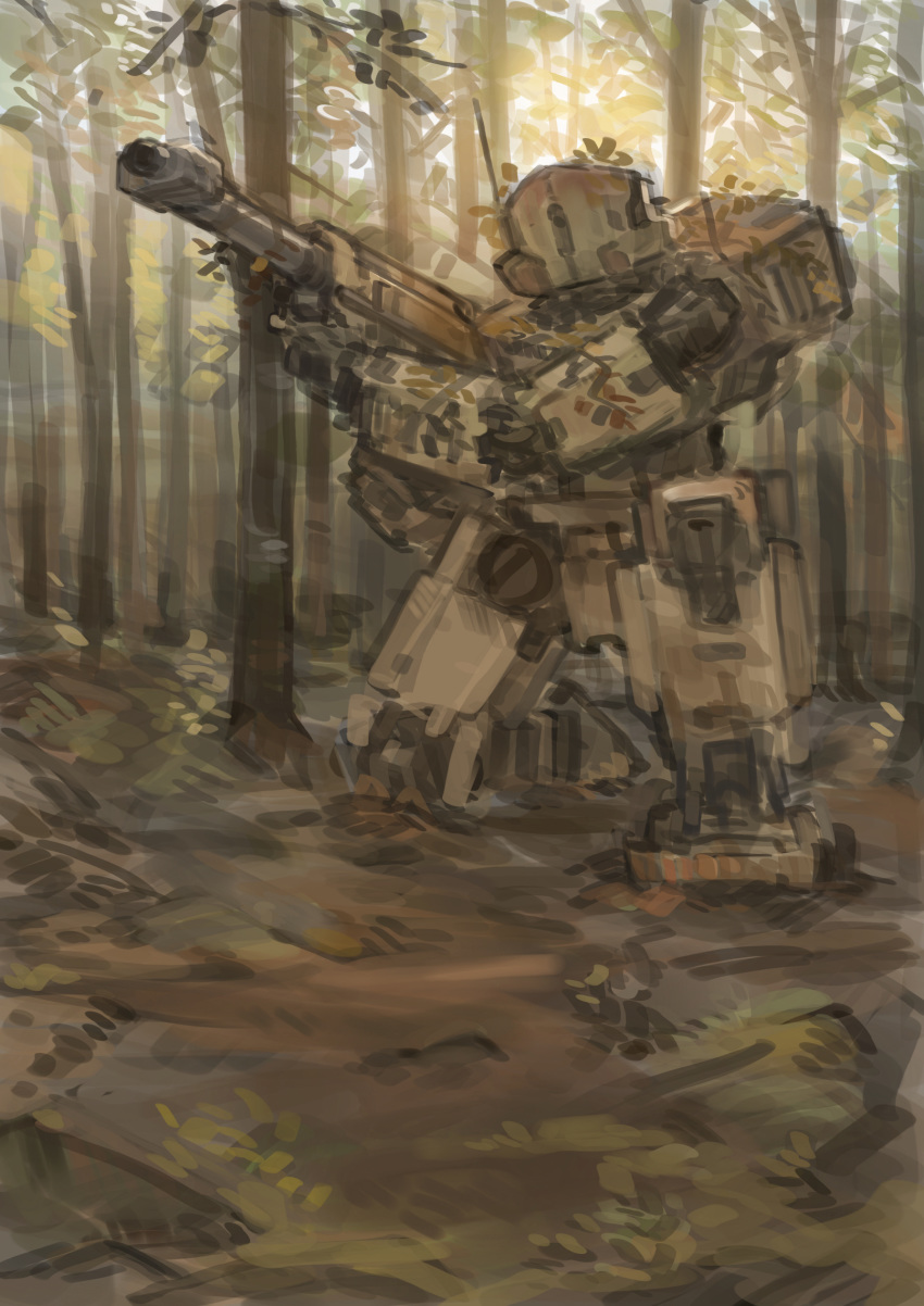 commentary forest gun highres holding holding_gun holding_weapon looking_up mecha military nature no_humans on_one_knee original robot solo sunlight tree weapon xerbatt