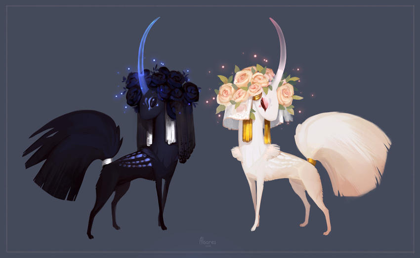 accessory alsares ambiguous_gender black_body black_fur duo esk feral flower flower_in_hair fur furgonomics glowing gold_(metal) hair hair_accessory horn mirrored plant silver_(metal) simple_background tail tail_accessory those_who_went_missing white_body white_fur