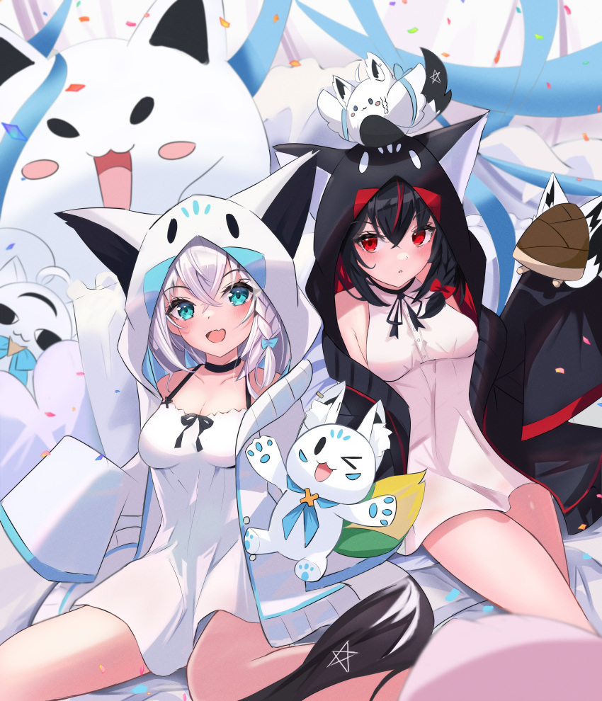 2girls absurdres ahoge animal_ear_fluff animal_ears black_choker black_hair black_hoodie blush braid breasts choker cleavage commentary_request dress earrings fox_ears fox_girl fox_tail fubuchun fubuzilla_(shirakami_fubuki) green_eyes hair_between_eyes halter_dress halterneck highres hololive hood hood_up hoodie jewelry kurokami_fubuki long_hair looking_at_viewer miteiru_(shirakami_fubuki) multicolored_hair multiple_girls open_mouth oruyanke_(shirakami_fubuki) pentagram red_eyes red_hair ribbon shirakami_fubuki sidelocks single_braid sitting soma443 streaked_hair sukonbu_(shirakami_fubuki) tail virtual_youtuber white_dress white_hair white_hoodie