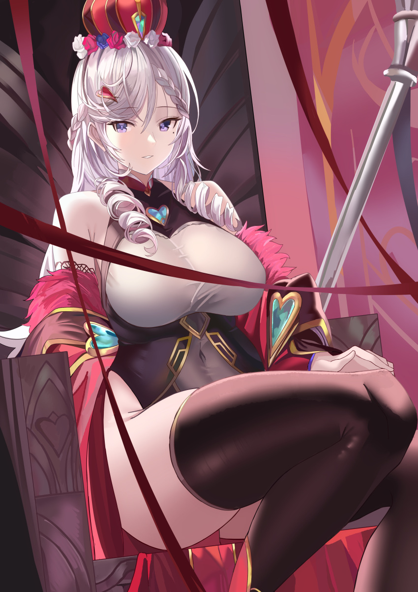 absurdres algerie_(azur_lane) algerie_(red_queen's_decree)_(azur_lane) azur_lane blush breasts drill_hair female flower fur_trim gloves highres large_breasts leotard long_hair looking_at_viewer mole mole_under_eye off_shoulder official_alternate_costume purple_eyes scepter sitting smile solo thick_thighs thighs throne tnr_(horiko1525)