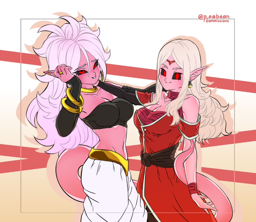 2girls absurdres android_21 arm_warmers asymmetrical_sleeves bandeau black_sclera bracelet breasts chronoa circlet cleavage colored_sclera colored_skin commentary crop_top dark_persona dragon_ball dragon_ball_fighterz dragon_ball_heroes dragon_ball_xenoverse earrings english_commentary highres jewelry large_breasts long_hair majin_android_21 multiple_girls navel neck_ring pea-bean pink_hair pink_skin pointy_ears potara_earrings red_eyes ring sidelocks smile tail twitter_username white_hair