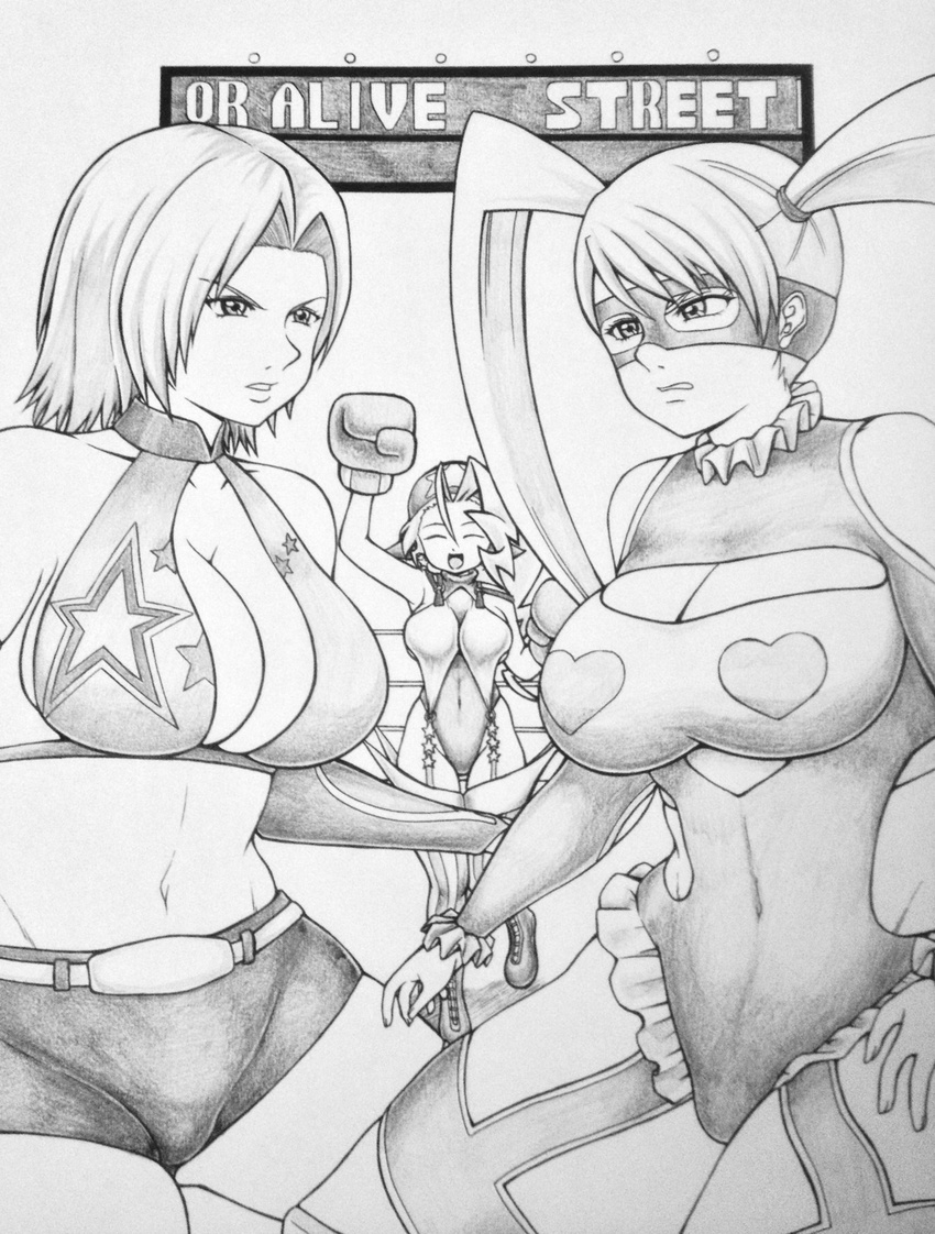 3girls breasts cleavage crossover dead_or_alive justice_gakuen large_breasts monochrome multiple_girls rainbow_mika street_fighter tiffany_lords tina_armstrong wrestling_outfit