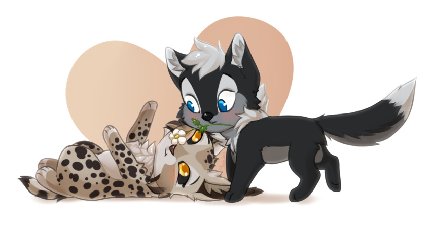 ambiguous_gender blush canid canine canis chibi daww digital_media_(artwork) duo felid feline feral flower fluffy gift holidays love lying lynx mammal nightdancer_(character) paws plant shaded valentine's_day wolf yana-r zaire_(nightdancer)