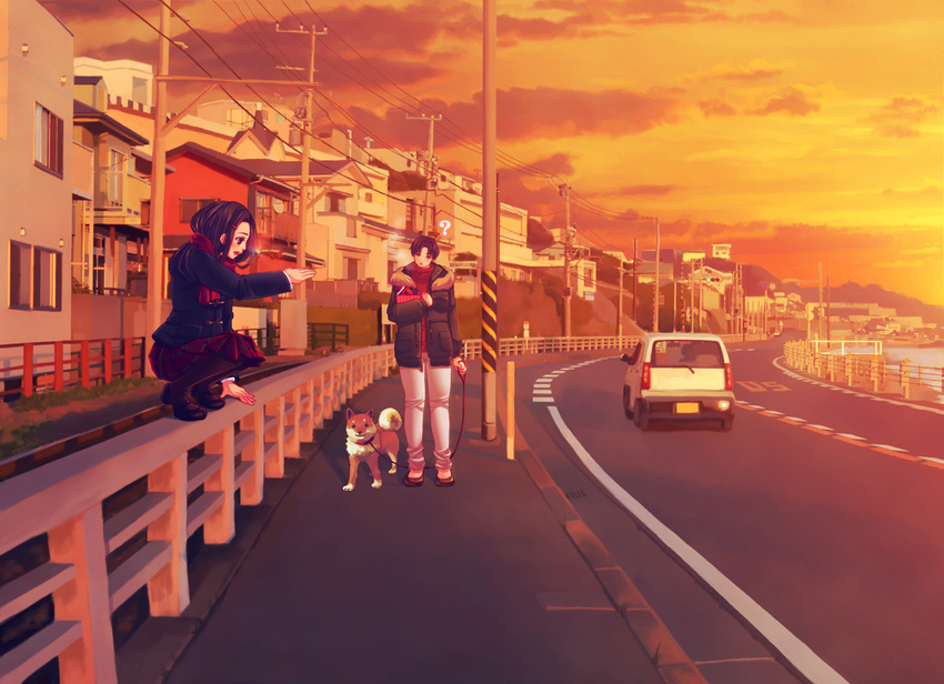 2girls ? bag canine coat commentary_request kamakura_(city) multiple_girls nanakichi original outdoors pantyhose pet_walking photoshop_(medium) railing real_world_location scarf shopping_bag skirt squatting sunset winter_clothes winter_coat