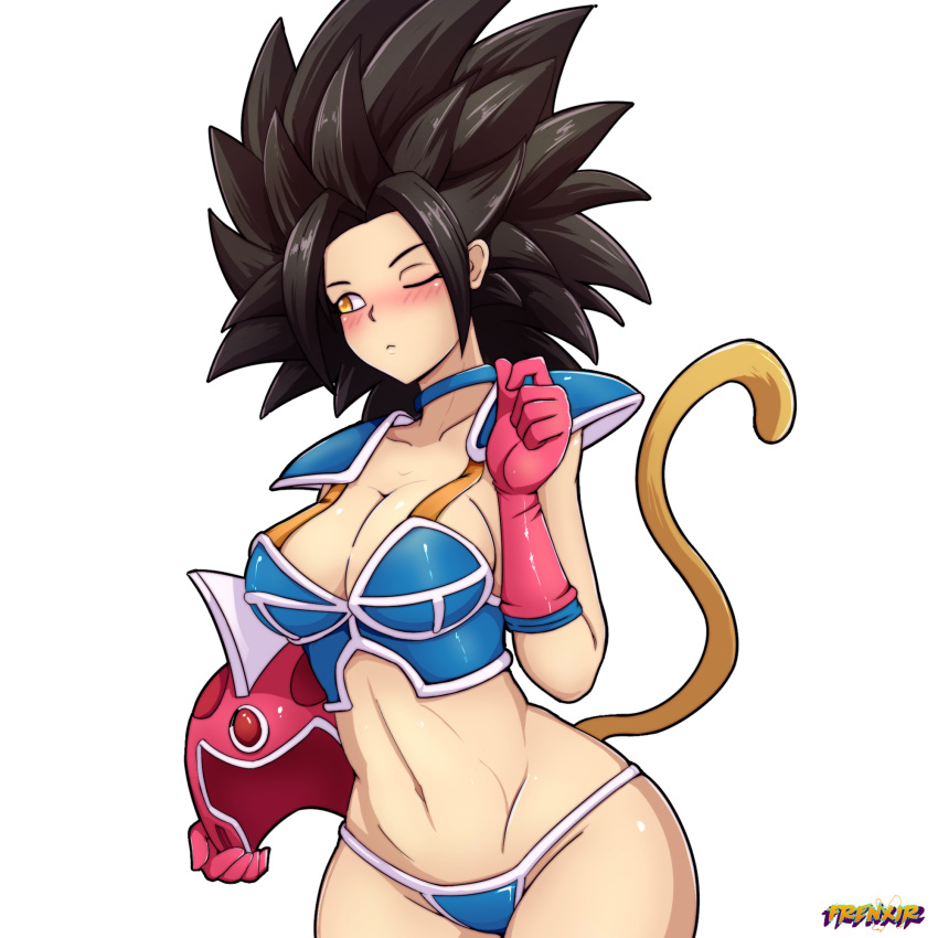 armor big_hair bikini_armor black_hair blush breasts caulifla cleavage collarbone dragon_ball dragon_ball_super female frenxir gloves headwear_removed helmet helmet_removed looking_to_the_side medium_breasts navel pink_gloves shoulder_pads simple_background solo spiked_hair tail white_background yellow_eyes