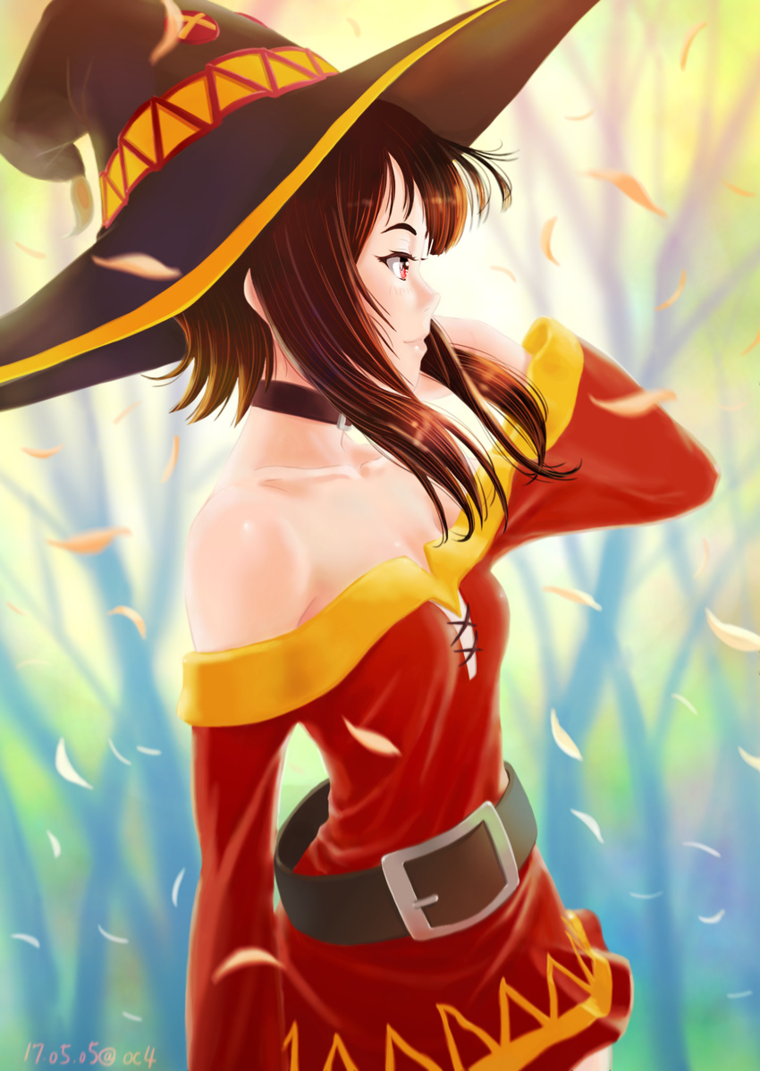 bare_shoulders belt black_hair brown_hair button_eyes buttons collar collarbone commentary_request dated dress female from_side hat highres kono_subarashii_sekai_ni_shukufuku_wo! long_sleeves loose_belt megumin off-shoulder_dress off_shoulder oshiyon petals red_dress red_eyes short_hair_with_long_locks smile solo tunic wind witch_hat