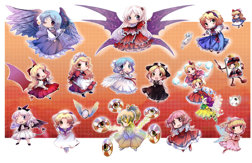 6+girls alice_margatroid angel_wings apron ayana_(touhou) bakebake_(touhou) bare_shoulders beads black_hat blonde_hair blonde_makai_resident_(touhou) blue_eyes blue_hair bow capelet card commentary demon_girl demon_tail demon_wings earrings elis_(touhou) extra facepaint fairy_wings feline fingerless_gloves fist_pump gloves green_eyes grey_eyes grey_hair hair_beads hair_ornament hair_ribbon hairband hairbow hat jewelry light_blue_hair looking_at_viewer looking_to_the_side louise_(touhou) magic_circle mai_(touhou) maid maid_apron maid_headdress mirror multiple_girls muutzi neckerchief oerba_yun_fang one_eye_closed open_mouth orange_eyes pantyhose pink-haired_makai_resident_(touhou) pink_eyes pink_hair playing_card pointing pointing_at_viewer pointy_ears ponytail purple_eyes purple_hair red_eyes rengeteki_(touhou) ribbon sandals sara_(touhou) sariel_(touhou) shanghai_doll shinki_(touhou) side_ponytail staff star_(symbol) striped_clothes striped_pantyhose sword tail thumbs_up touhou touhou_(pc-98) trump_king wand wayousei_(touhou) weapon white_hair white_hat wings yellow_eyes yuki_(touhou) yumeko_(touhou) yuugenmagan