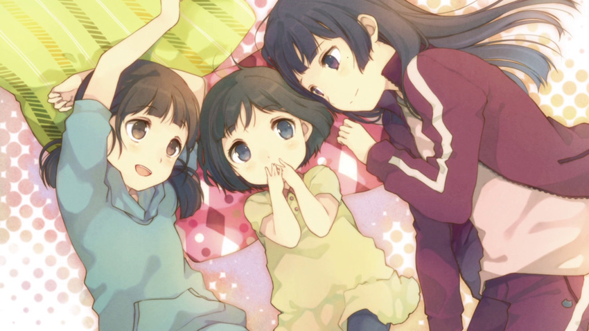 3girls :d black_hair blue_eyes brown_eyes covering_own_mouth end_card girl_sandwich gokou_hinata gokou_ruri gokou_tamaki highres hood hoodie jacket light_smile low_twintails mole mole_under_eye multiple_girls non-web_source open_mouth ore_no_imouto_ga_konna_ni_kawaii_wake_ga_nai ousaka_nozomi pants sandwiched short_hair siblings sisters smile track_jacket track_pants track_suit twintails