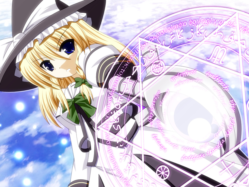 barrier_jacket blonde_hair blue_eyes bow braid cloud cosplay hair_ribbon hairbow hat high_res kirisame_marisa magic magic_circle magical_girl mahou_shoujo_lyrical_nanoha ribbon single_braid sky takamachi_nanoha_(cosplay) touhou witch witch_hat